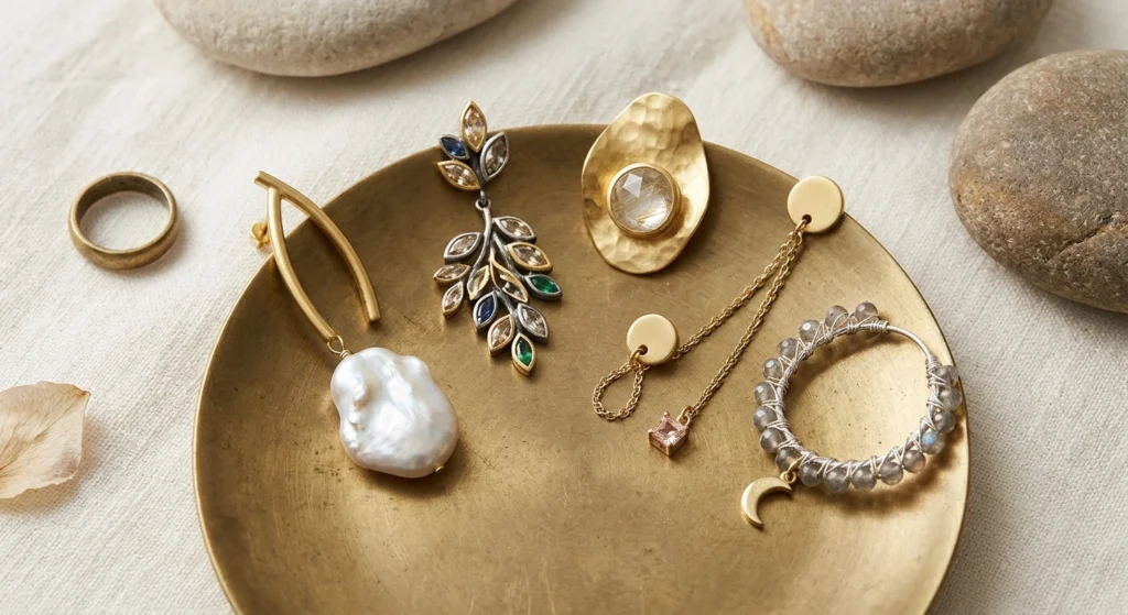 Pendientes elegantes de mujer colocados sobre un plato decorativo