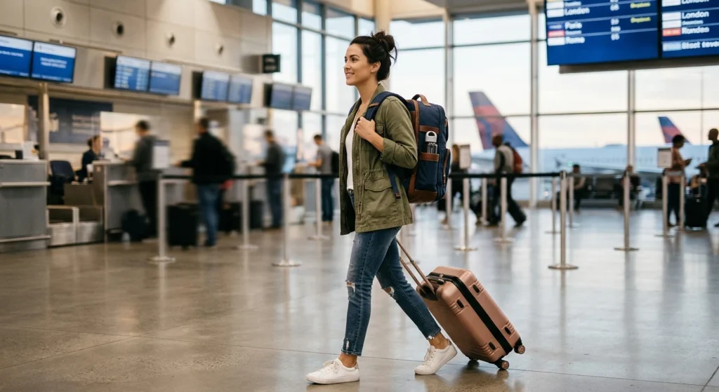 Mujer con mochila de cabina y maleta lista para viajar en el aeropuerto