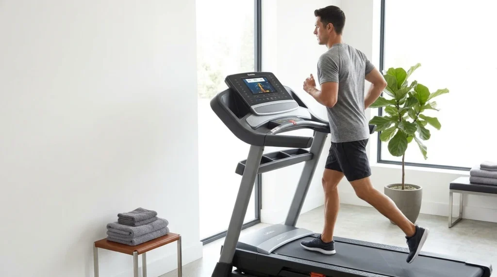 Hombre corriendo en una de las mejores cintas de correr plegables para entrenar en casa