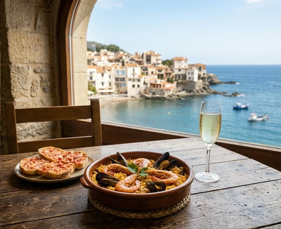Plato de marisco y copa de vino en una terraza con vistas al mar durante una escapada gastronómica